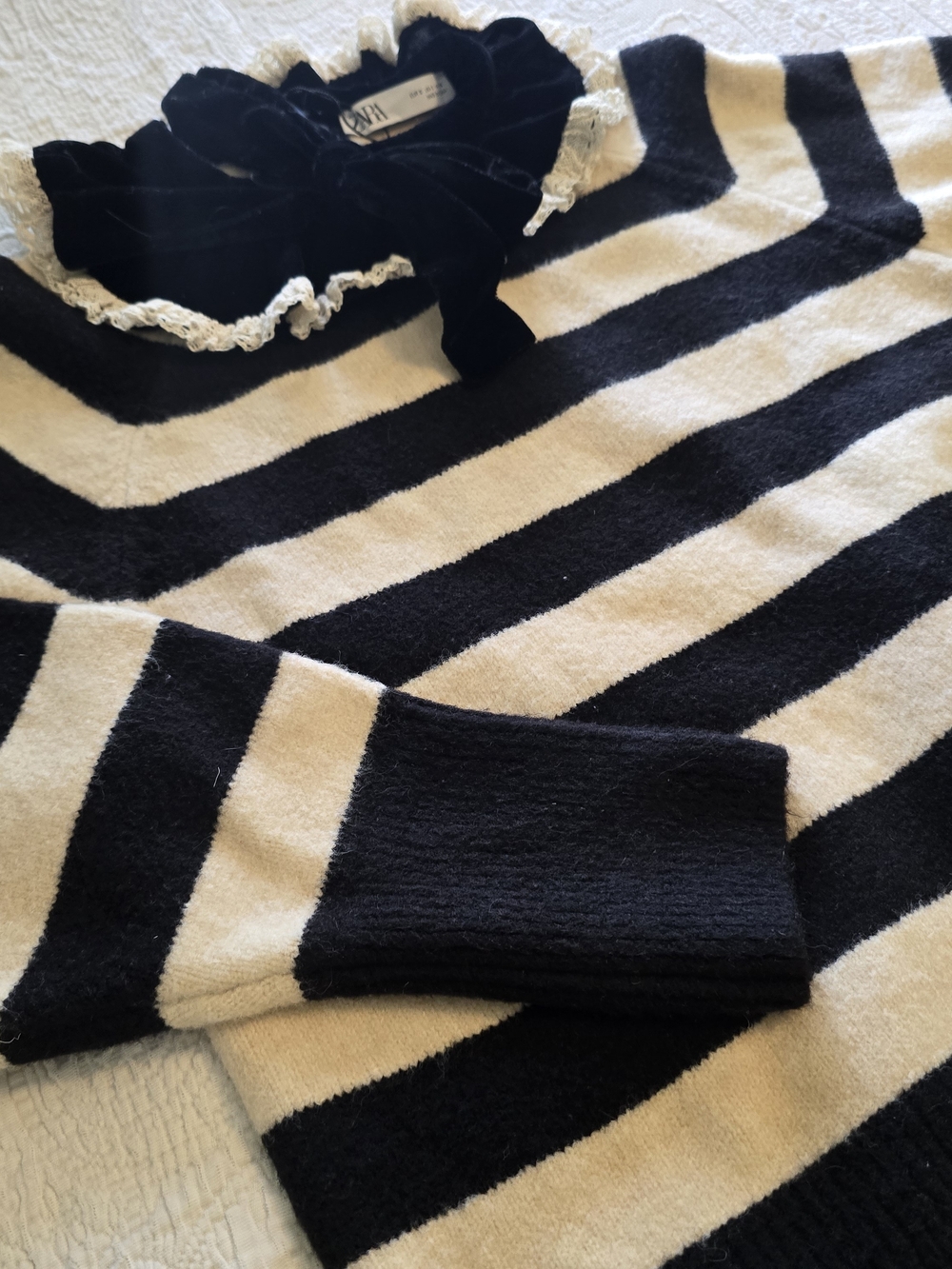 Striped Black and White Sweater with Lace-Trim Peter Pan Collar